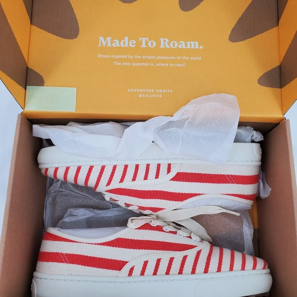 Soludos Marin Stripe Canvas Sneaker Womens 7.5 Poppy Red Cream Lace Up Round Toe